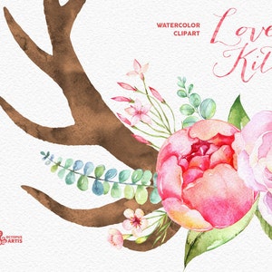 Love Kit. Watercolor flowers Clipart, peonies, arrows, antlers, heart, bouquets, valentines, wedding, floral, card, diy clip art, spring image 3