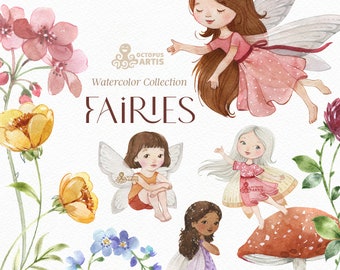 Fairies. Watercolor clipart, little girl, flowers, fairy tale, mushroom, printable, decor, png, wildflowers, magical, forest, birthday,