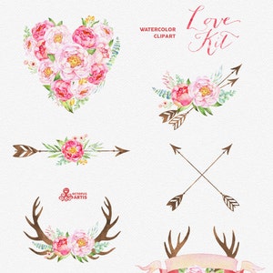 Love Kit. Watercolor flowers Clipart, peonies, arrows, antlers, heart, bouquets, valentines, wedding, floral, card, diy clip art, spring image 2