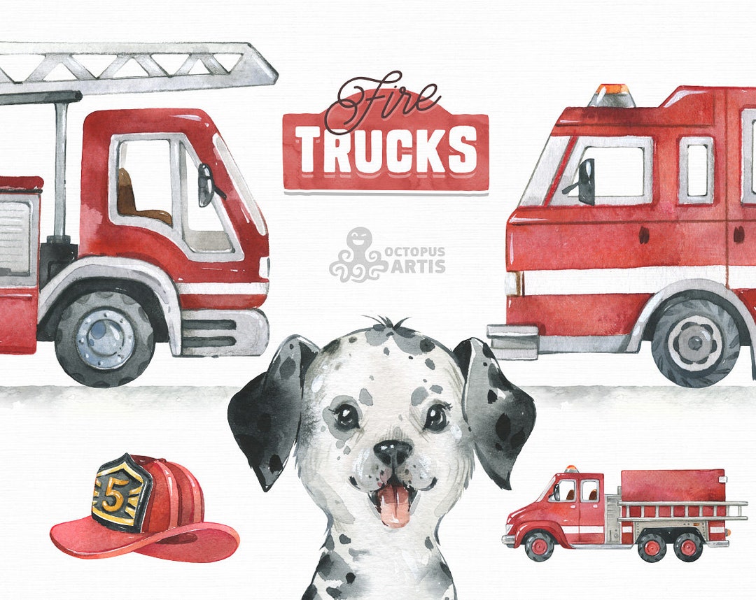 Fire Trucks. Watercolor Clipart, Departure, Brigade, Dog, Hydrant, Boy ...