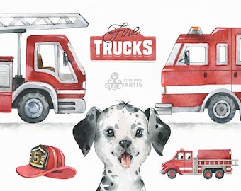 Fire Trucks. Watercolor clipart, departure, brigade, dog, hydrant, Boy, Cars, equipment, fireman, rescue vehicles, firefighting, birthday