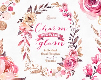 Charm And Glam. Floral Elements and Wreaths. Watercolor Clipart, individual flowers, pink, glamour, hand drawn, stickers, gold, glitter, art