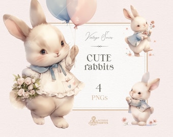 Cute Rabbits - Vintage. Animal clipart, girl bunny, rabbit peter, hare, birthday, flowers, watercolor bunny, nursery, png, baby-shower