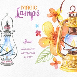 Magic Lamps. Watercolor handpainted clipart, oil lamps, flowers, leaves, vintage, invitation, logo, greetings card, diy clip art, christmas image 1