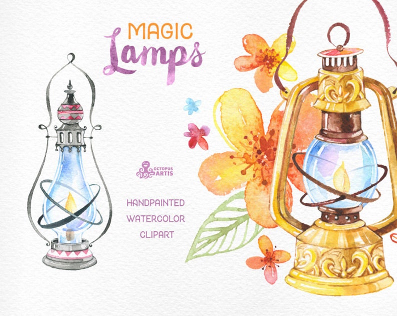 Magic Lamps. Watercolor handpainted clipart, oil lamps, flowers, leaves, vintage, invitation, logo, greetings card, diy clip art, christmas image 1