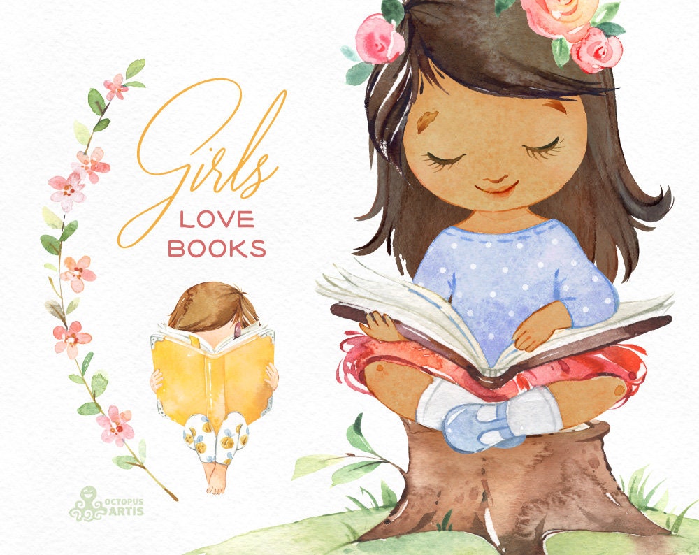 Girls Love Books Watercolor Clipart Reading Flowers - Etsy