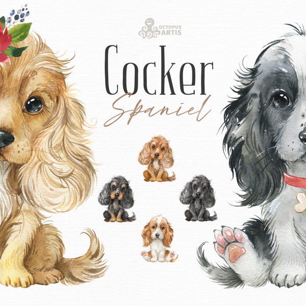 Cocker Spaniel. Watercolor little pet clipart, portrait, puppy, doggie, baby, flowers, nursery, dog, wreath, gallery, wreath, bow, memory