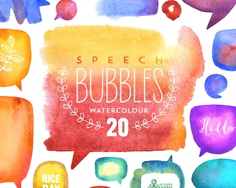 Speech Bubbles Watercolour: 20 files Digital Papers. Hand painted, watercolour clipart, diy elements, invite, colorful bubbles