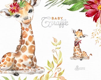 Baby Giraffe. Watercolor little animal clipart, babies, flowers, safari, Africa, wreath, kids, cute, nursery art, baby-shower, boy, girl