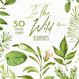 In the Wild. 50 Individual watercolor floral Elements, leaves, wedding invitation, suite, greeting card, clipart, herbs, eco, country, itw