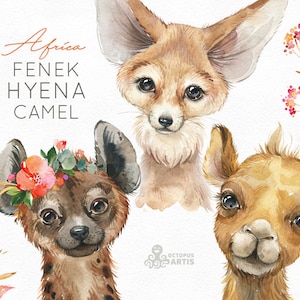 Africa Fenek Hyena Camel Watercolor little animals clipart safari savannah baby portrait wreath flowers, kids, nursery art, baby-shower, fox