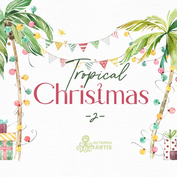 Tropical Christmas 2. Watercolor holiday clipart, palm tree, decor, lights, garland, Miami, Florida, south, beach, holly, greeting, banting