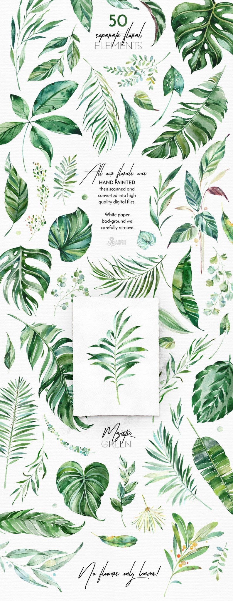 Majestic Green. 50 Individual Floral Elements. Watercolor clipart, leaves, tropical, leaf, greenery, palm, green, wild, wedding, bridal, png image 2