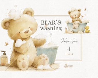 Bear's Washing - Vintage. Animal clipart, woodland, bath, bear cub, cute teddy png, watercolor baby bear, teeth cleaning, daily routine
