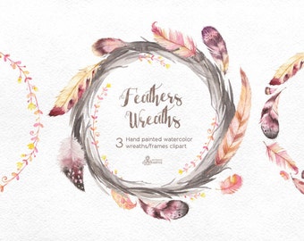 Feathers Wreaths Clipart. 3 Hand painted watercolor frames, wedding diy elements, print, invitation, greeting, romantic, floral, boho