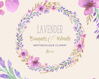 Lavender Watercolour Bouquets & Wreath Clipart. Hand painted watercolour, floral, wedding diy elements, flowers, invite, purple, blossom