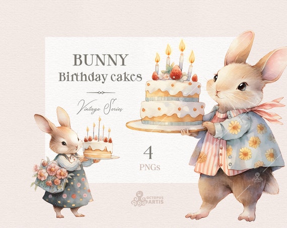 Bunny. Birthday Cakes Vintage. Animal Clipart, Rabbit, Peter, Birthday, Printable, Candles, Watercolor, Country, Nursery, Png, Baby Shower - Etsy