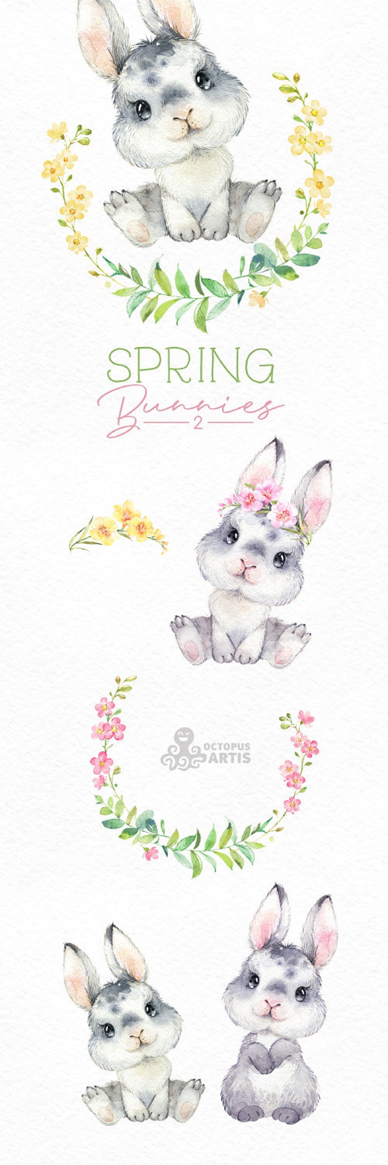 Spring Bunnies 2 Watercolor little animals and floral clipart Easter country nice forest cute nursery art baby shower wreath rabbit
