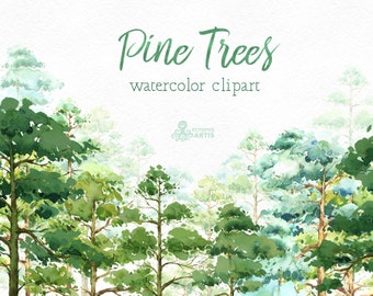 Pine Trees. Watercolor pines, forest, wood, landscape, frame, quote, hand painted clipart, greeting card, diy clip art, woodland, green