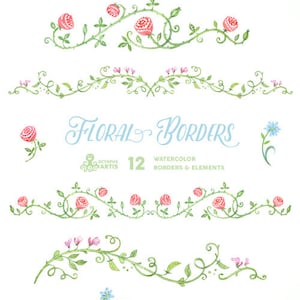 Floral Borders & Elements. 12 Digital Clipart. Hand painted, wedding elements, flowers, invitation diy, frames, embellishment, ornamental.