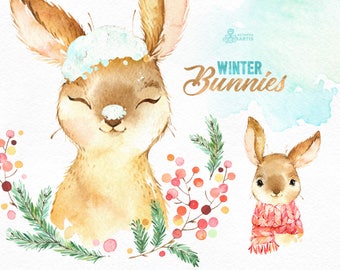 Winter Bunnies. Watercolor holiday clipart, rabbit, red, hare, Christmas, card, wreath, snow, country, nursery art, nature, realistic, wild