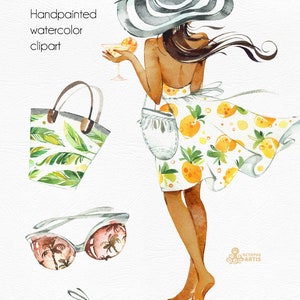 Summertime 1.Dark skin. Wreaths, Frames, Elements. Watercolor holiday clipart, girls, beach, travel, suitcase, floral, tropical leaves, trip image 2