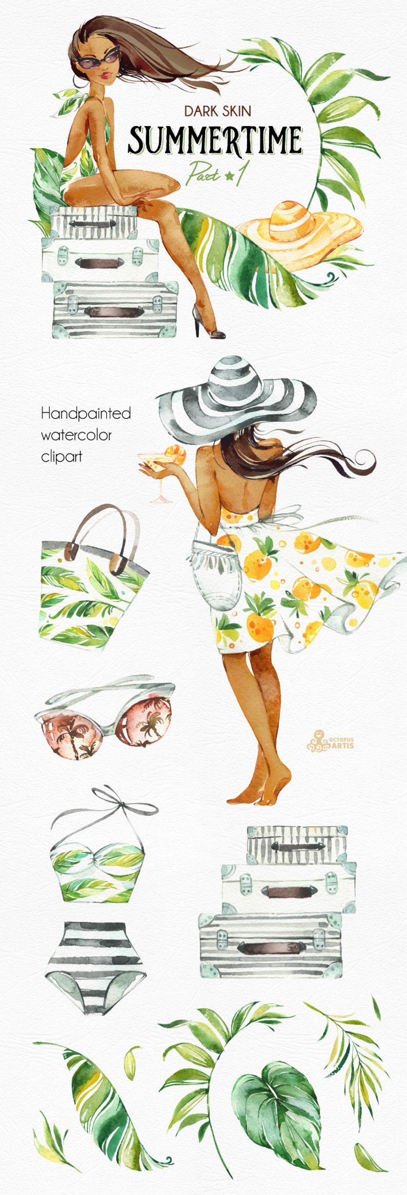 Summertime 1.Dark skin. Wreaths, Frames, Elements. Watercolor holiday clipart, girls, beach, travel, suitcase, floral, tropical leaves, trip image 2