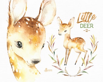 Little Deer 2. Watercolor animal clipart, floral wreath, roe, fawn, forest, card, leaves, country, nursery art, nature, realistic, spring