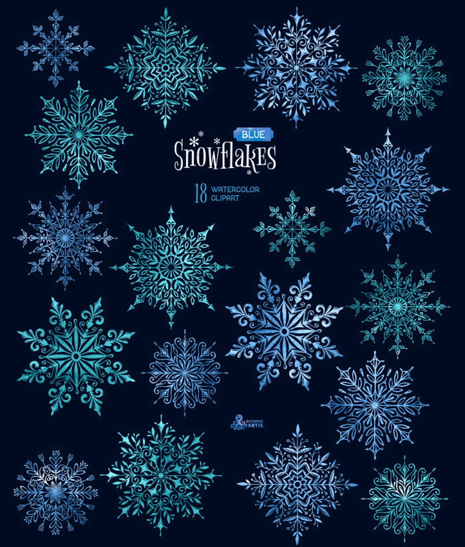 Snowflakes Blue. 18 Watercolor Separate Elements Clipart - Etsy
