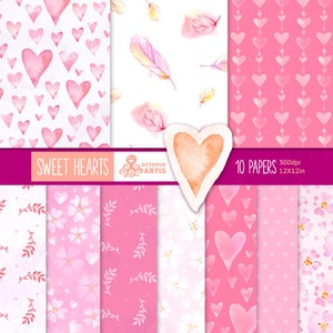 SWEET HEARTS: 10 Pink watercolors Digital Papers. Feathers, handpainted, patterns, romantic pink flowers, paper crafts, scrapbooking.