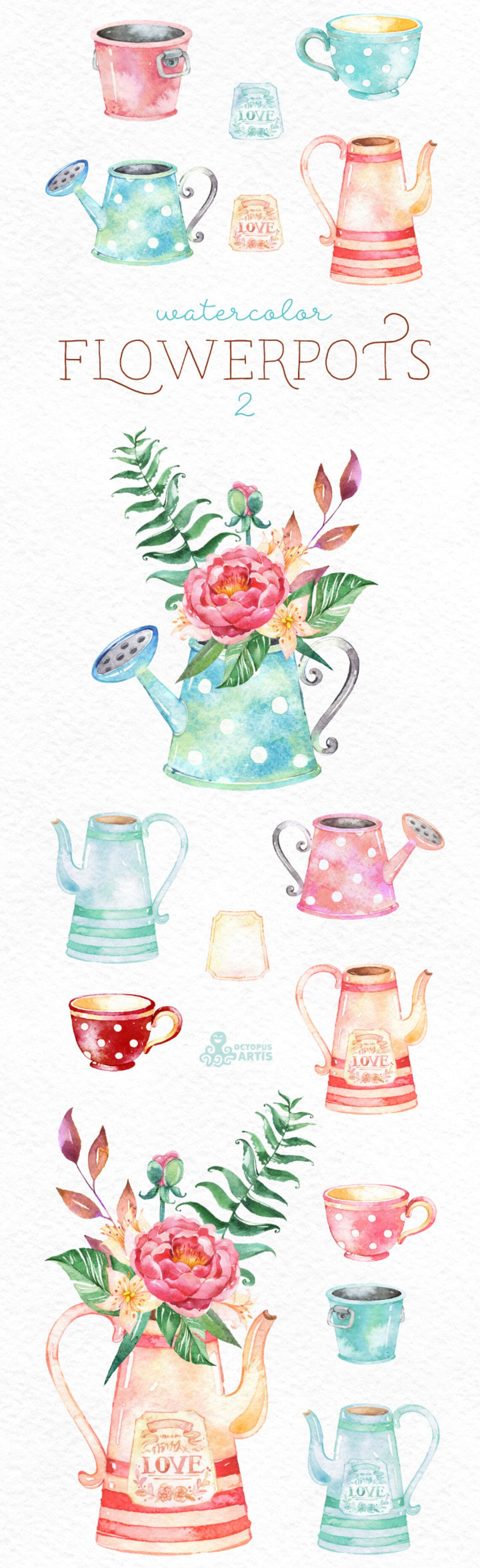 Flowerpots 2. Watercolor Clipart Flower Basket