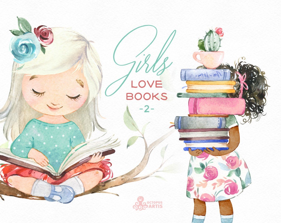 Girls Love Books 2 Watercolor Clipart Reading Flowers | Etsy