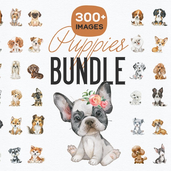 Mega-Welpen-Paket 300+. Aquarell kleine Hunde Clipart, Porträts, Welpe, Hündchen, Baby, Blumen, Kinderzimmer, Kranz, Fliege, png