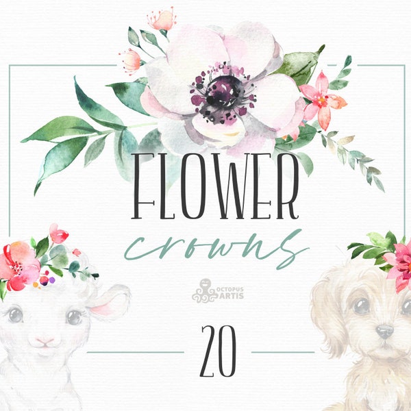 Flower Crowns. Watercolor floral clipart, bouquets, flowers, add-on, kids nursery, wreath, blossom, for portraits, animals, accessories