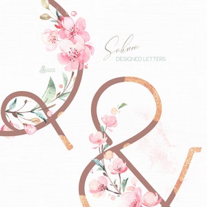 Sakura Letters. Watercolor floral alphabet clipart, monogram, rose gold, pink, delicate, wedding, bridal, logo, abc, cherry blossom, spring image 5