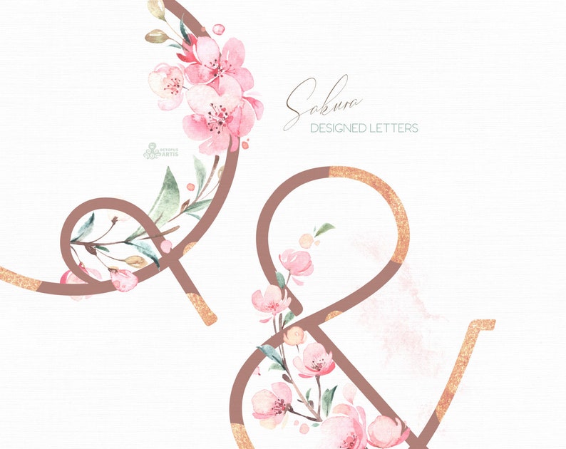 Sakura Letters. Watercolor floral alphabet clipart, monogram, rose gold, pink, delicate, wedding, bridal, logo, abc, cherry blossom, spring image 5