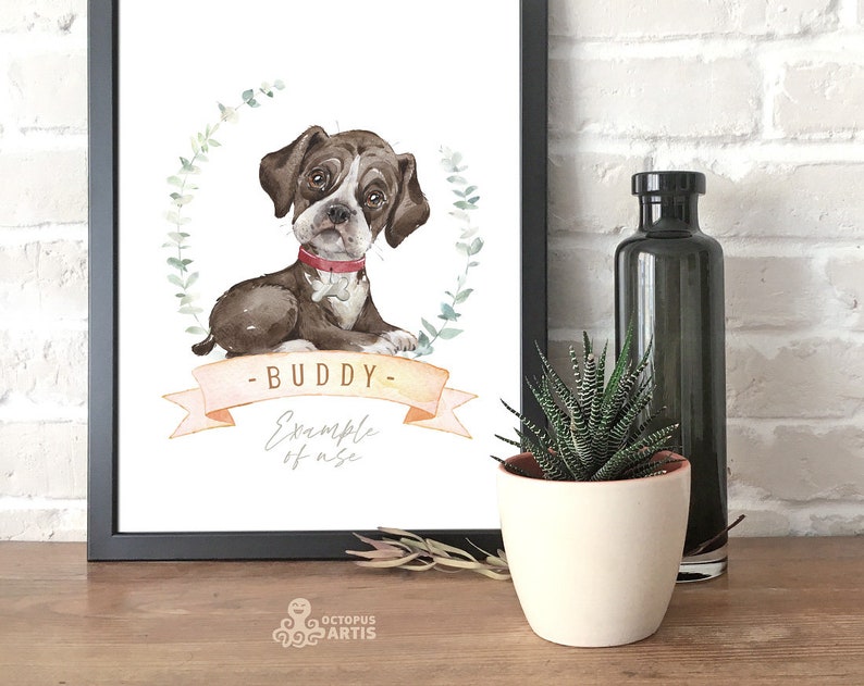 Boxer. Watercolor little animal clipart, German boxer, portrait, puppy, doggie, baby, nursery, dog, wreath, cute, pet image 3