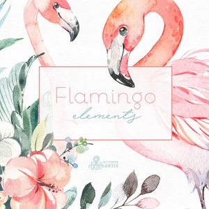 Flamingo Elements. Watercolor summer floral clipart, pink, jungle, flowers, leaf, tropical, party, tropical leaves, sunny, hibiscus, trendy