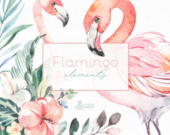 Flamingo Elements. Watercolor summer floral clipart, pink, jungle, flowers, leaf, tropical, party, tropical leaves, sunny, hibiscus, trendy