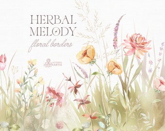 Herbal Melody. Floral Borders. Watercolor Flowers clipart, wildflowers border, country, bridal clip art, wedding template, pre-made borders