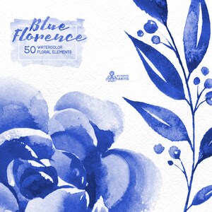 Blue Florence. 50 Watercolor floral Elements, clipart, peonies, floral wedding invite, greeting card, diy clip art, delft blue, christmas image 3