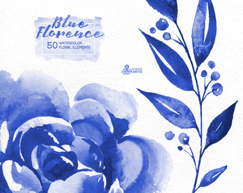 Blue Florence. 50 Watercolor floral Elements, clipart, peonies, floral wedding invite, greeting card, diy clip art, delft blue, christmas image 3