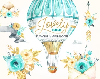 Lovely Flowers Gold. Airbaloons and more. Watercolor Clipart, peonies, arrows, banners, envelopes, golden, mint, valentines, wedding, floral