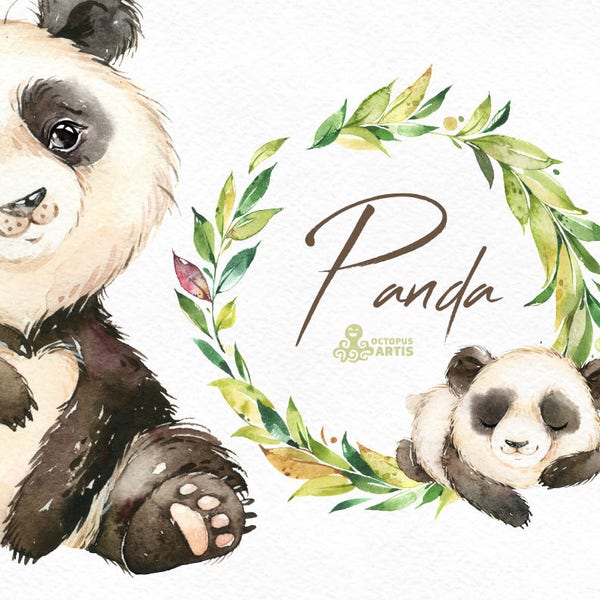 Panda. Watercolor little animal clipart, floral wreath, forest, baby panda, leaves, china, nursery art, nature, realistic, wild, frame, cute