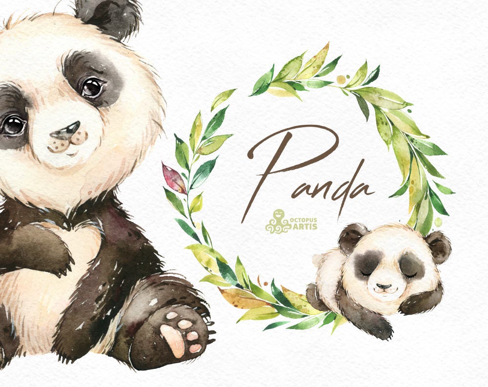 Panda Watercolor Little Animal Clipart Floral Wreath Etsy