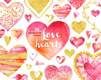 Love Hearts Clipart: 36 Digital files in red, pink and gold colors, hand painted watercolour hearts, valentines, romantic, cards, diy