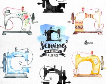 Sewing Machines 2 Watercolor Clipart. 8 Hand painted images, black silhouettes, diy logo, invite, boho, stitching, needlework