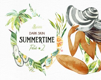 Summertime 2. Dark skin. Wreaths, Frames, Elements. Watercolor holiday clipart, girls, beach, travel, suitcase, floral, tropical leaves, fun