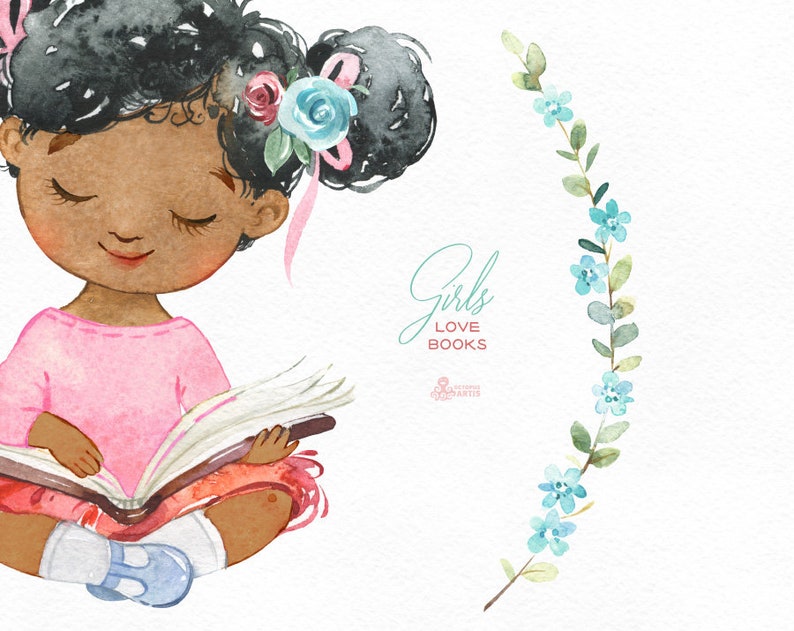 cute little girl reading Girls Love Books 2 Watercolor clipart back to school little lady outdoor florals flowers bunny kids nursery