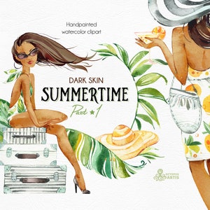 Summertime 1.Dark skin. Wreaths, Frames, Elements. Watercolor holiday clipart, girls, beach, travel, suitcase, floral, tropical leaves, trip image 1